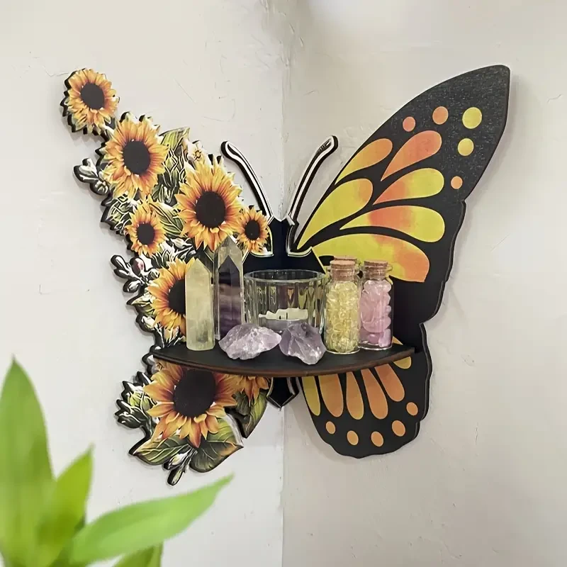 Whimsical Sunflower Butterfly Wall Corner Rack – Spacious Storage Shelf for Home & Party Decor