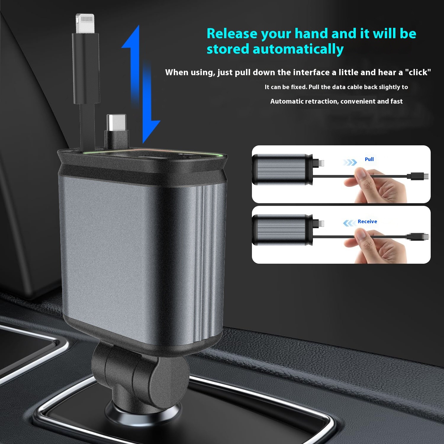 W&O 4-in-1 Retractable Car Charger – High-Power Adapter with USB & Type-C Ports
