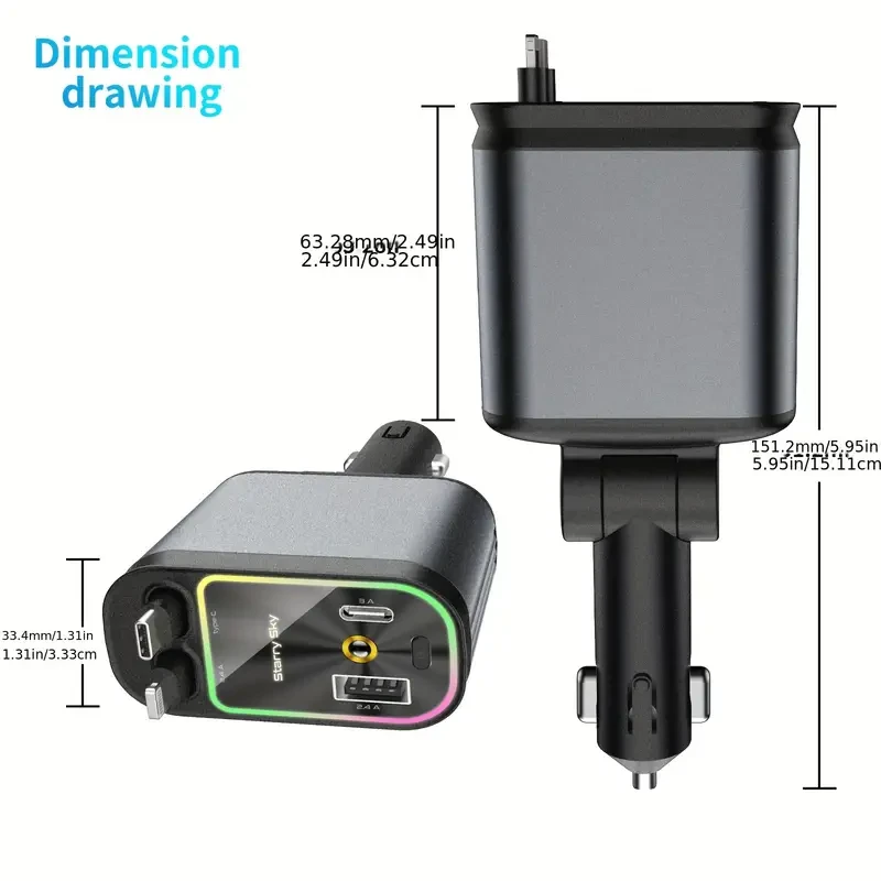 W&O 4-in-1 Retractable Car Charger – High-Power Adapter with USB & Type-C Ports