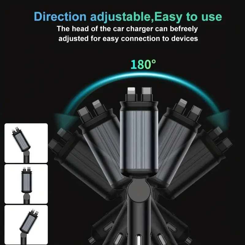 W&O 4-in-1 Retractable Car Charger – High-Power Adapter with USB & Type-C Ports