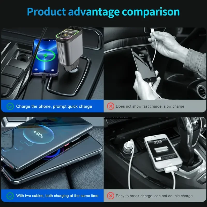 W&O 4-in-1 Retractable Car Charger – High-Power Adapter with USB & Type-C Ports