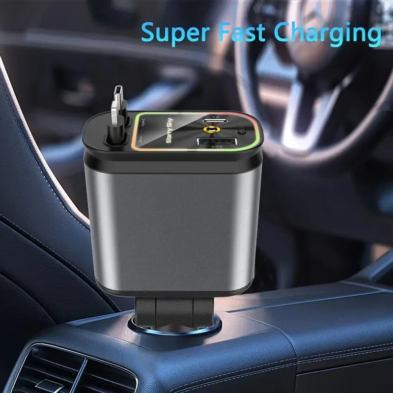 W&O 4-in-1 Retractable Car Charger – High-Power Adapter with USB & Type-C Ports
