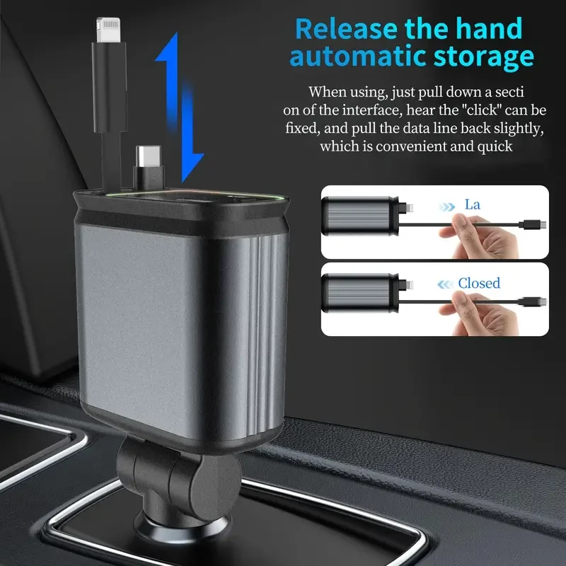 W&O 4-in-1 Retractable Car Charger – High-Power Adapter with USB & Type-C Ports