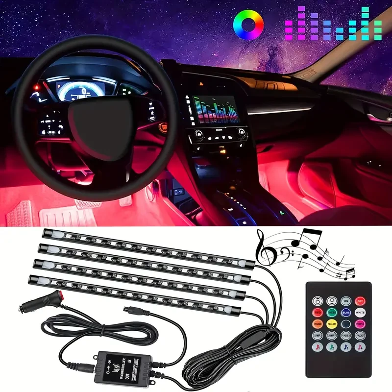 4PCS 48-LED Music Car Strip Light Kit – Sound Active & Wireless Remote
