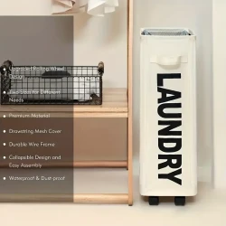 Narrow Slim Laundry Basket – Collapsible Hamper with Wheels & Handle