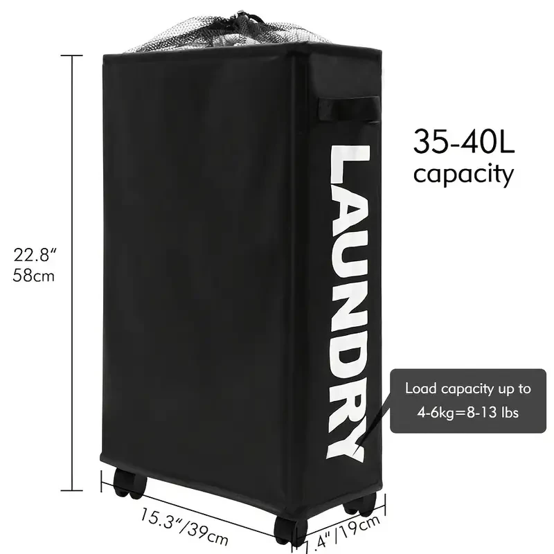 Narrow Slim Laundry Basket – Collapsible Hamper with Wheels & Handle