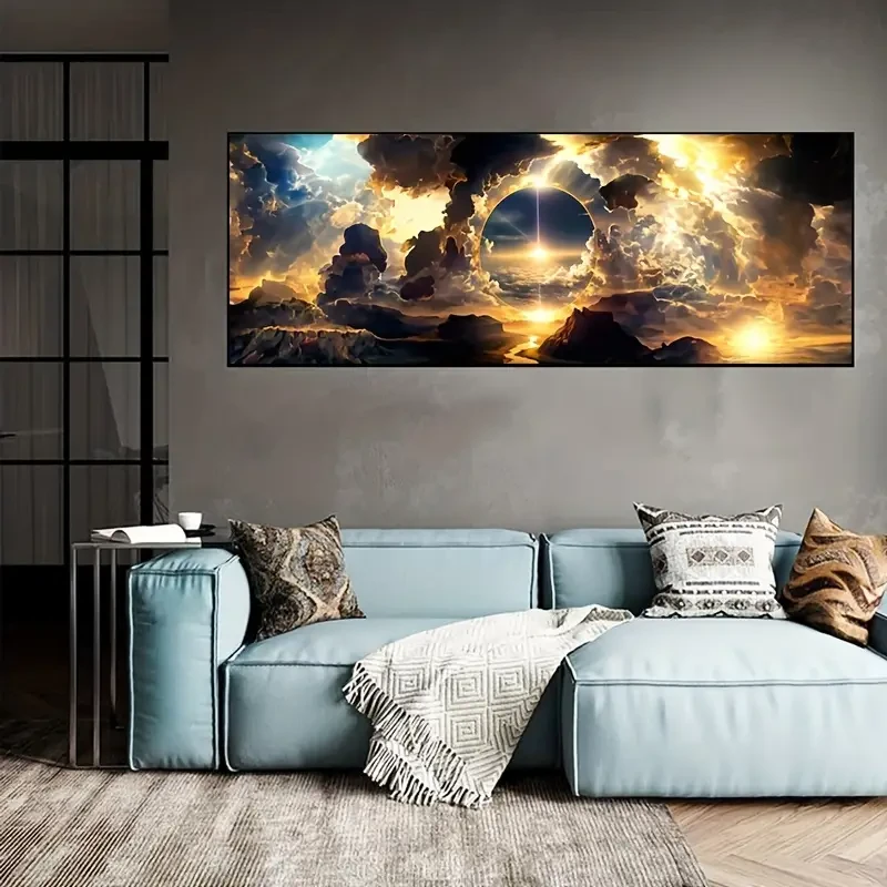Breathtaking Sky Canvas Poster – Oil Painting of Clouds, Mountains & Rivers