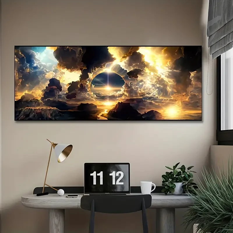 Breathtaking Sky Canvas Poster – Oil Painting of Clouds, Mountains & Rivers