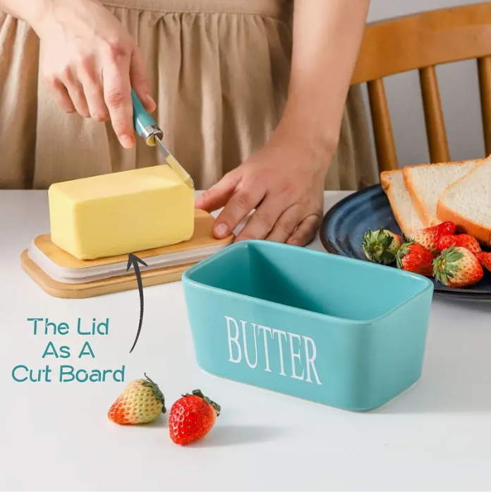 Large Ceramic Butter Dish with Bamboo Lid and Knife
