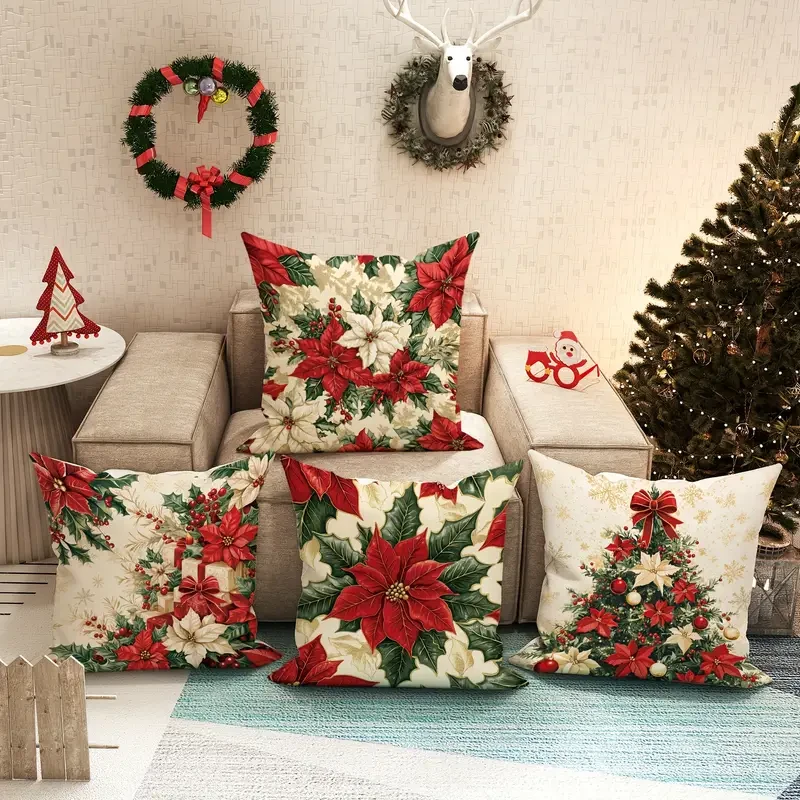 Vintage Christmas Velvet Throw Pillow Covers Set of 4, Festive Floral and Tree Design, 45.72x45.72 cm, Soft Decorative Zippered Pillowcases for Sofa and Living Room, Machine Washable, Polyester – Without Inserts