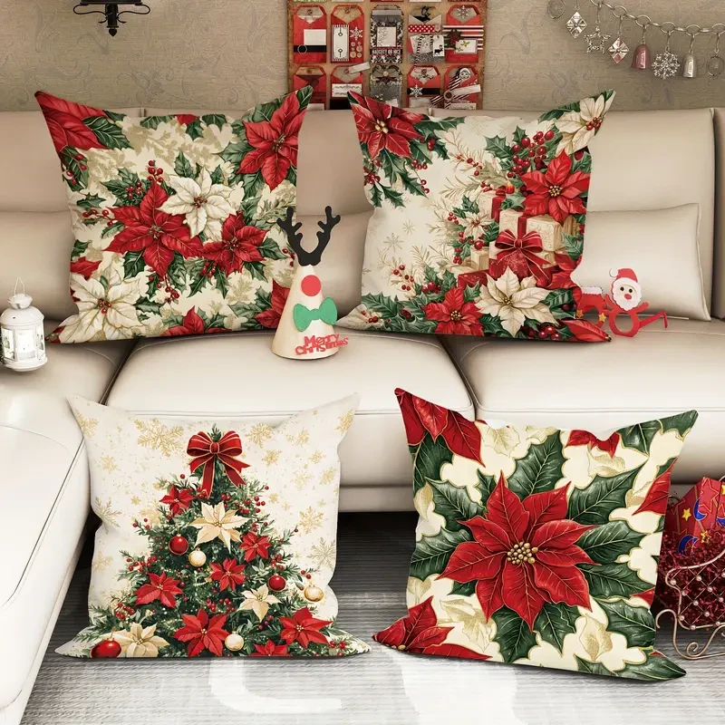 Vintage Christmas Velvet Throw Pillow Covers Set of 4, Festive Floral and Tree Design, 45.72x45.72 cm, Soft Decorative Zippered Pillowcases for Sofa and Living Room, Machine Washable, Polyester – Without Inserts