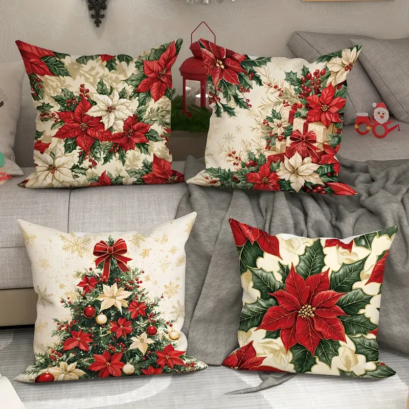 Vintage Christmas Velvet Throw Pillow Covers Set of 4, Festive Floral and Tree Design, 45.72x45.72 cm, Soft Decorative Zippered Pillowcases for Sofa and Living Room, Machine Washable, Polyester – Without Inserts