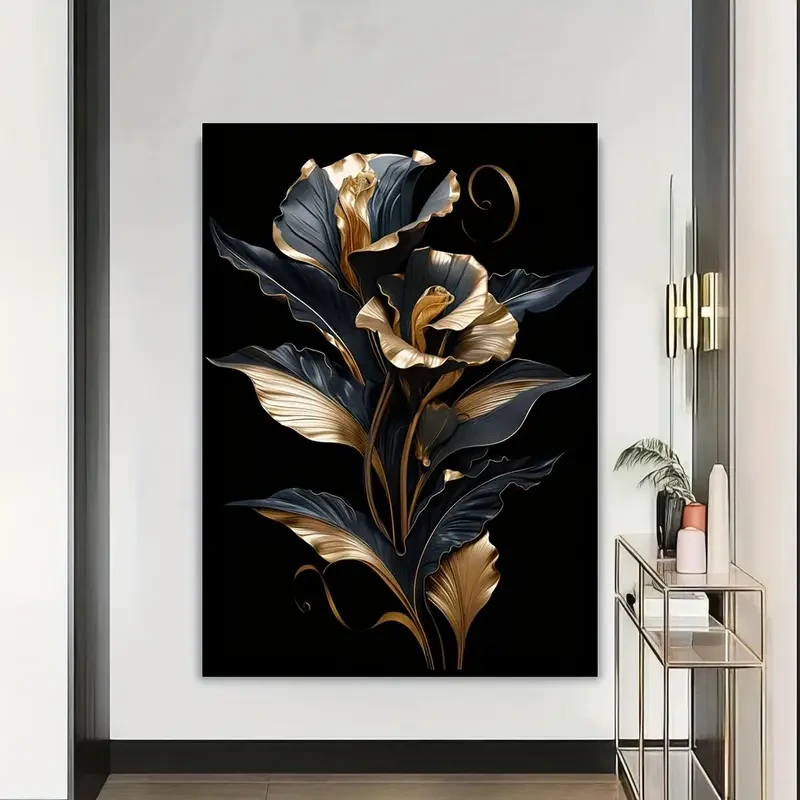 Black & Golden Floral Canvas Art – Frameless Wall Decor