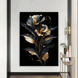 Black & Golden Floral Canvas Art – Frameless Wall Decor