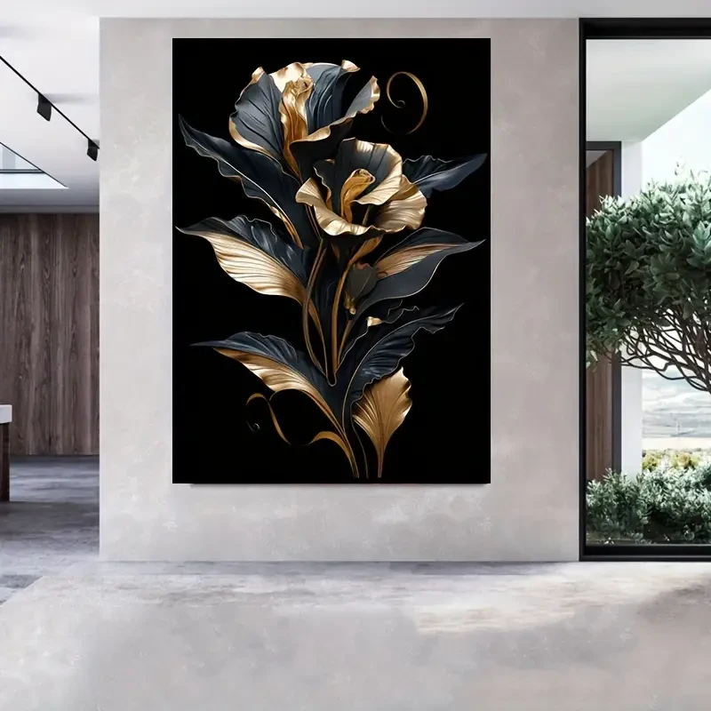 Black & Golden Floral Canvas Art – Frameless Wall Decor