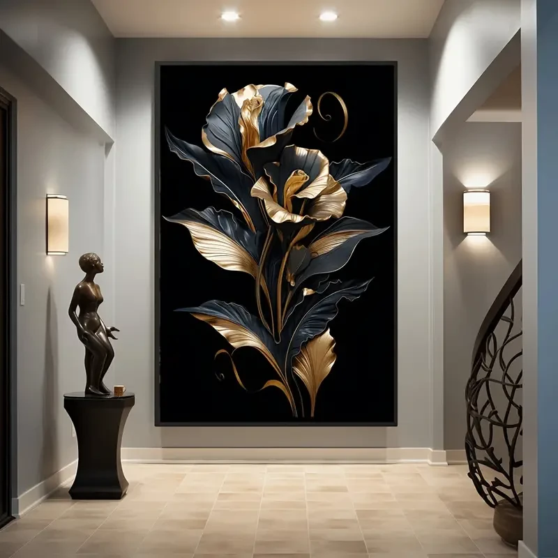 Black & Golden Floral Canvas Art – Frameless Wall Decor