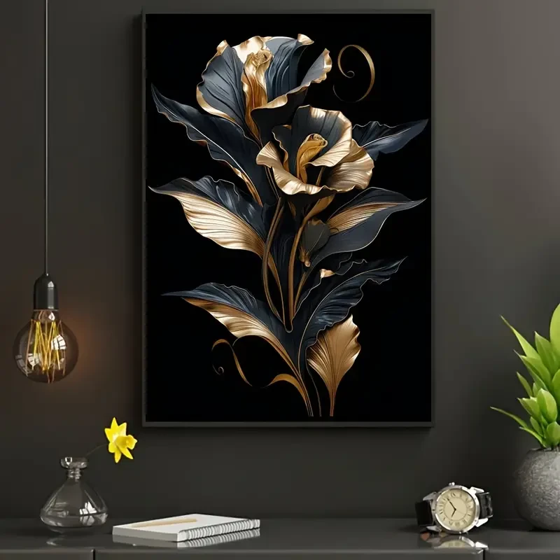 Black & Golden Floral Canvas Art – Frameless Wall Decor