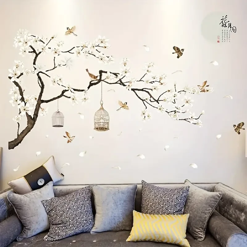 Chinese-Style Wall Stickers – Flying Birds & White Flowers