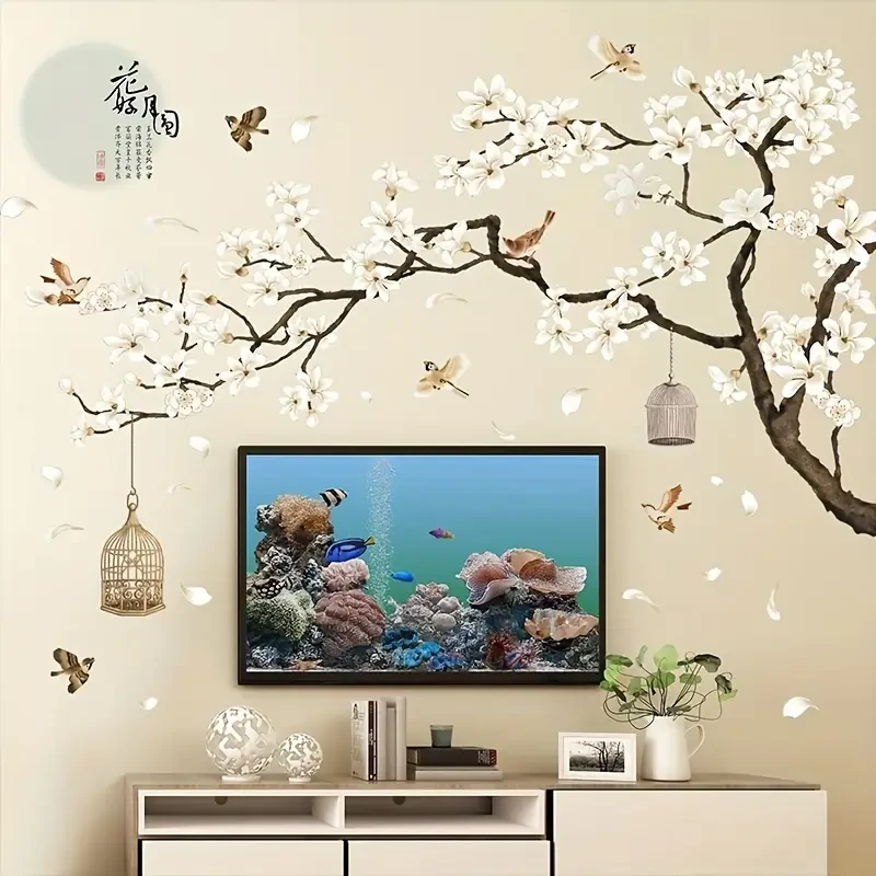 Chinese-Style Wall Stickers – Flying Birds & White Flowers