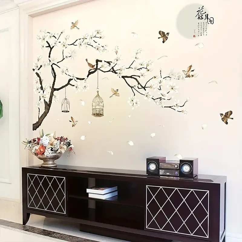Chinese-Style Wall Stickers – Flying Birds & White Flowers