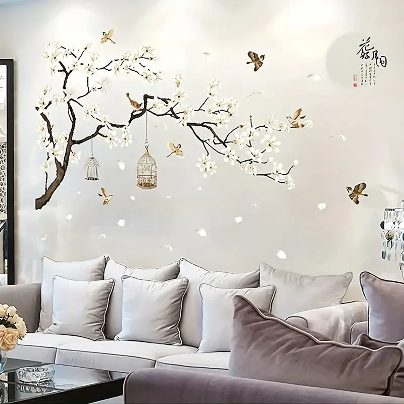 Chinese-Style Wall Stickers – Flying Birds & White Flowers
