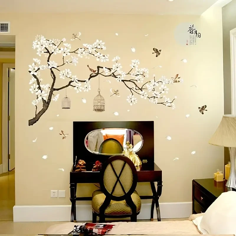 Chinese-Style Wall Stickers – Flying Birds & White Flowers