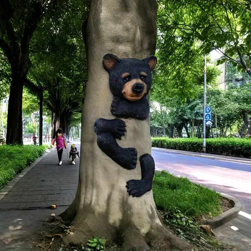 Resin Black Bear Tree Hugger Sculpture – Garden Decoration