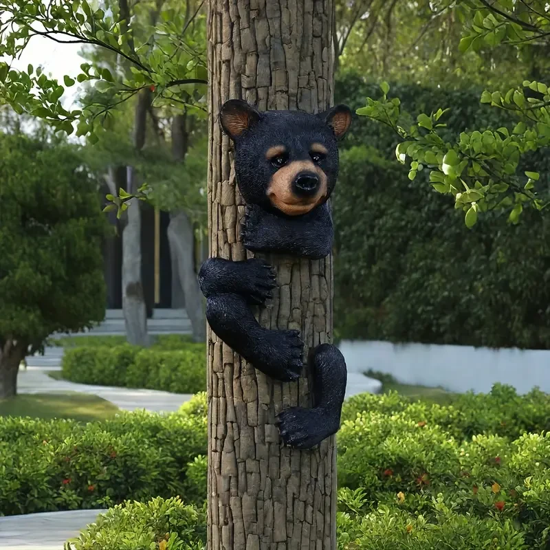 Resin Black Bear Tree Hugger Sculpture – Garden Decoration