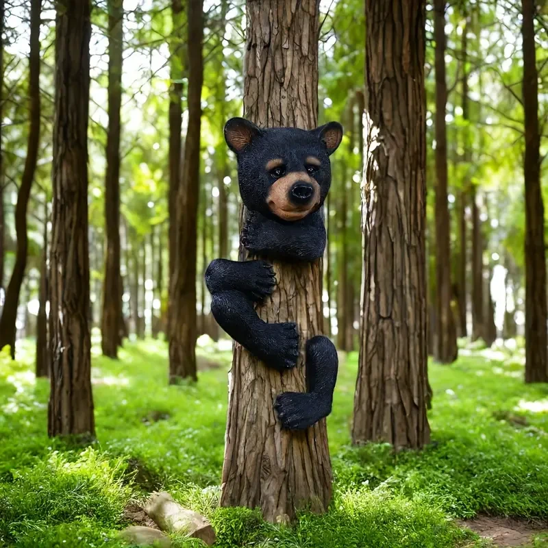 Resin Black Bear Tree Hugger Sculpture – Garden Decoration