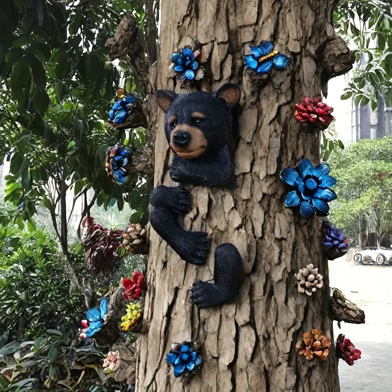 Resin Black Bear Tree Hugger Sculpture – Garden Decoration