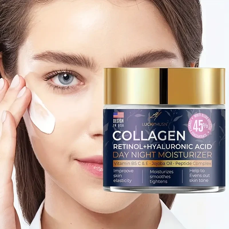 LUCKY MUSN Collagen Day & Night Moisturizer, 1.76oz/50g, Hyaluronic Acid & Retinol, Deep Moisturizing Cream for Dry Skin, Anti-Wrinkle, Elasticity Boost, Non-Greasy Formula, Suitable for All Skin Types