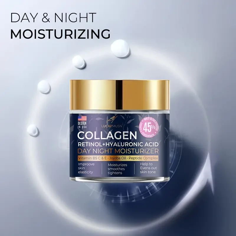 LUCKY MUSN Collagen Day & Night Moisturizer, 1.76oz/50g, Hyaluronic Acid & Retinol, Deep Moisturizing Cream for Dry Skin, Anti-Wrinkle, Elasticity Boost, Non-Greasy Formula, Suitable for All Skin Types