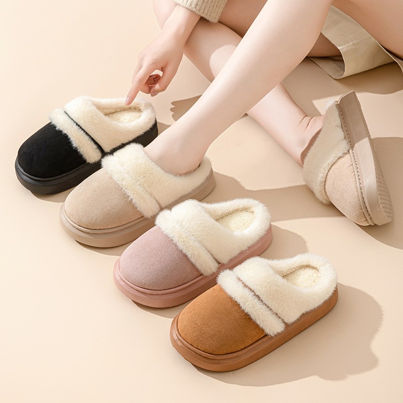 Women’s Warm Cotton Slippers – Thick Bottom, Non-slip Plus-Velvet Suede House Shoes