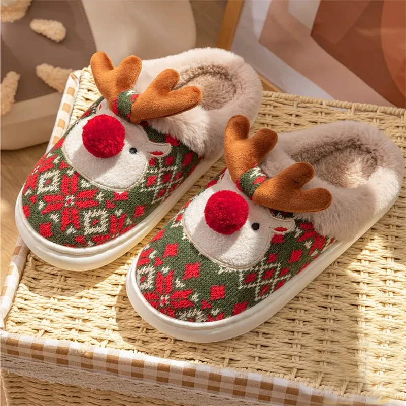Cute Christmas Elk Plush Slippers – Cozy Non-slip Fuzzy House Shoes for Women