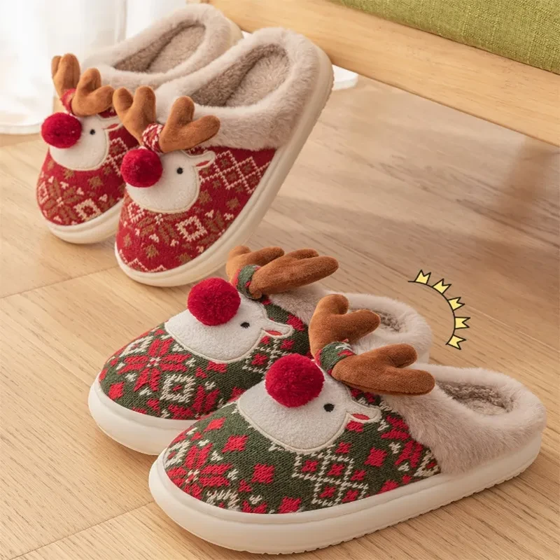 Cute Christmas Elk Plush Slippers – Cozy Non-slip Fuzzy House Shoes for Women