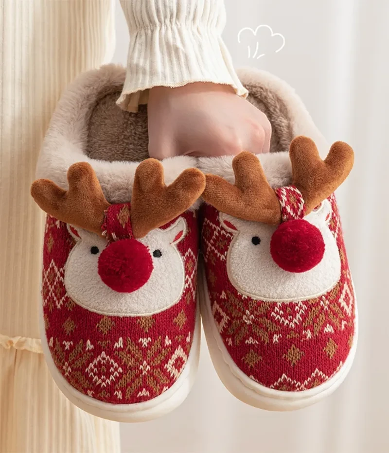 Cute Christmas Elk Plush Slippers – Cozy Non-slip Fuzzy House Shoes for Women
