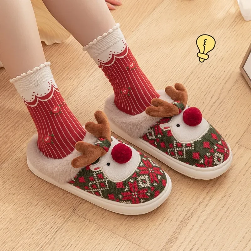 Cute Christmas Elk Plush Slippers – Cozy Non-slip Fuzzy House Shoes for Women