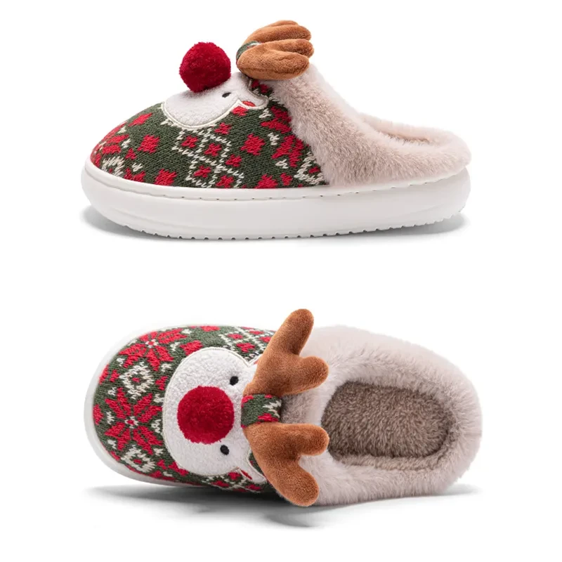 Cute Christmas Elk Plush Slippers – Cozy Non-slip Fuzzy House Shoes for Women