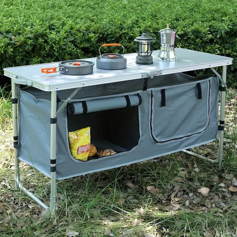 Outdoor Folding Table, Camping Table with Storage Cloth Cabinet, Portable Aluminum Lightweight Table, 3 Adjustable Heights, Suitable for Indoor, Barbecue, Party, Picnic, Camping, Hiking, Beach