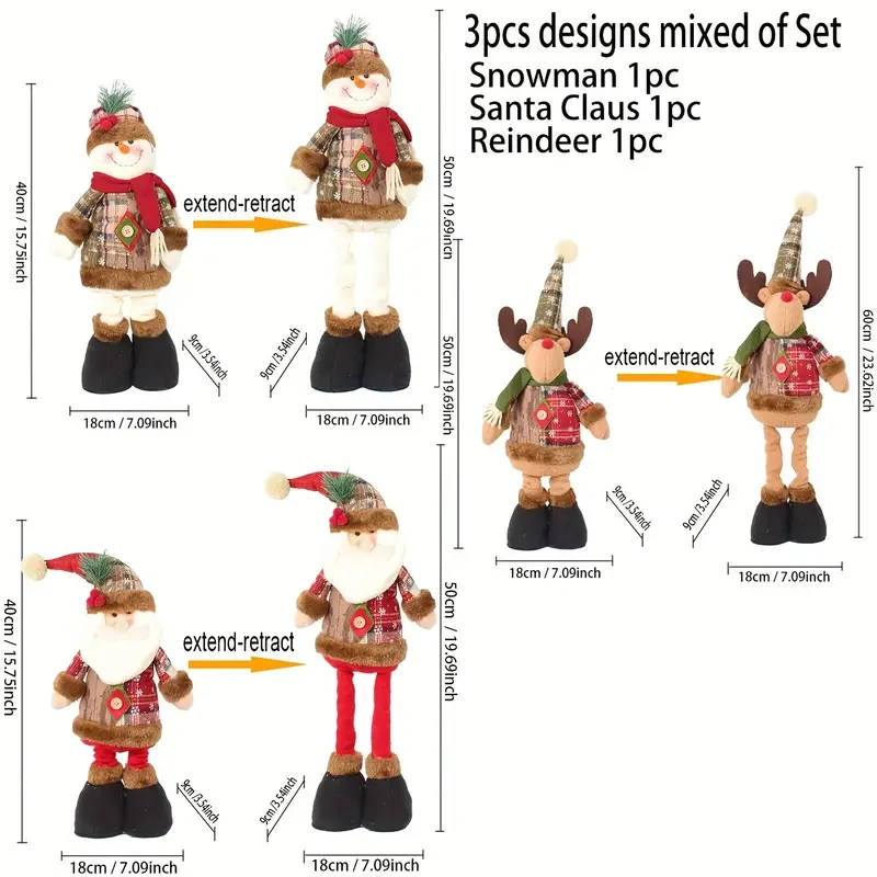 Set of 3 Extendable Christmas Figurines - Vintage Style Standing Santa, Snowman, Reindeer - Fabric and Felt, No Assembly Required, Festive Holiday Decor for Home Display - Seasonal Decoration for Christmas, New Year Without Electricity - 19.69inch Tall