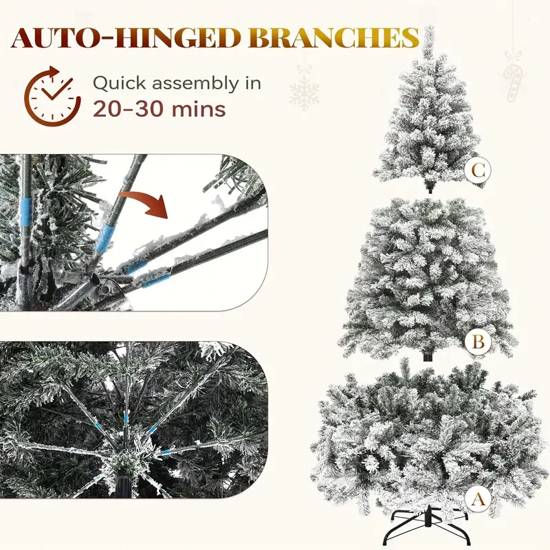 6ft Snow Flocked Artificial Full Christmas Pine Tree - 880 Branch Tips, Foldable Base, Realistic Snow Effect, Easy Assembly, Durable, Space-Saving, Perfect for Home, Party, Office Decoration - Ideal for Indoor and Outdoor Use