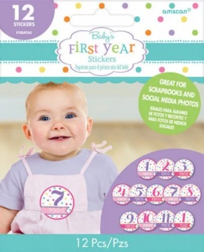 Baby Shower Stickers - Month By Month Girl - Pack of 12
