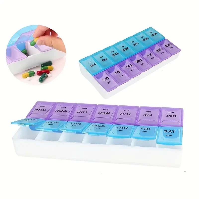 Weekly Pill Organizer 2-Row 7-Day Large Capacity Portable Medicine Container Box 14 Compartments Snap Lid Medication Storage Case Travel-Friendly Durable Plastic