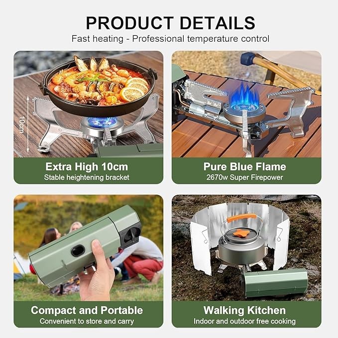 Orifesio Foldable 2600W Camping Stove – Portable Butane Stove with Windshield & Storage Bag for Camping, Hiking & Travel