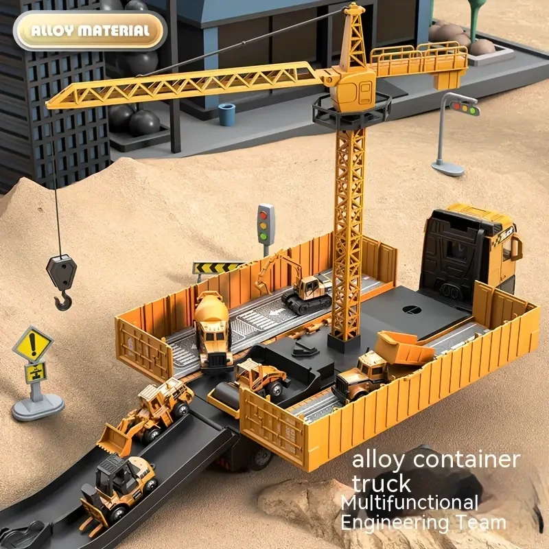 Super Large Alloy Container Engineering Vehicle Set – Toy Crane Model & Container