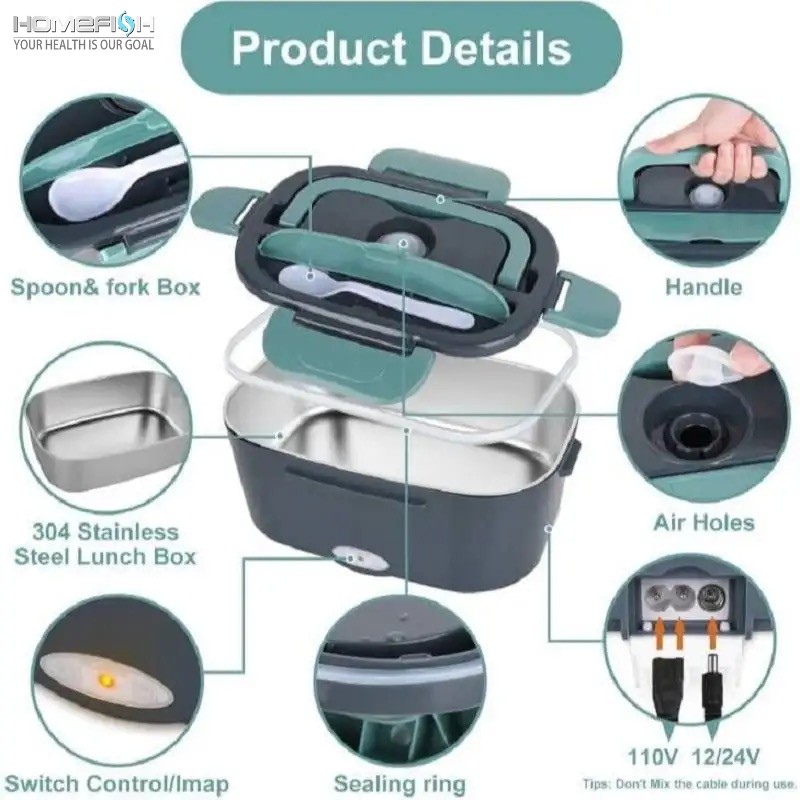 HOMEFISH 1.5L Electric Lunch Box Food Warmer – Portable 60W Food Heater with Leak-Proof 304 Stainless Steel Liner