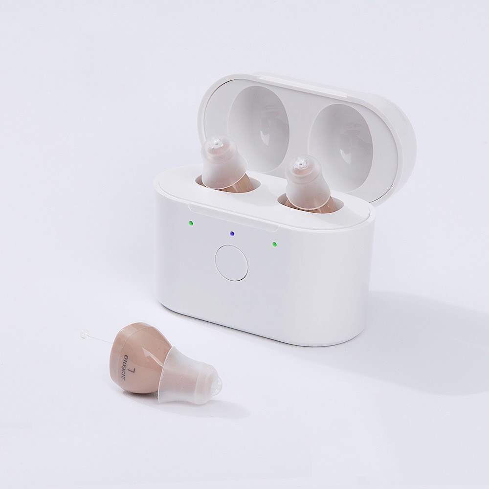 Rechargeable Wireless Hearing Aids - Earbud Headphones with Advanced Noise Cancellation, Compact Charging Case, One-Button Volume Control, and 3 Comfortable Ear Dome Sizes for Seniors and Adults - Whistle-Free, Easy to Use, and Convenient