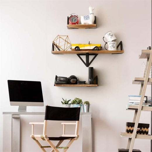 Wall Mounted Floating Shelf Wall Mounted Country Style Wooden Wall Frame 3-Piece Triangular Iron Frame