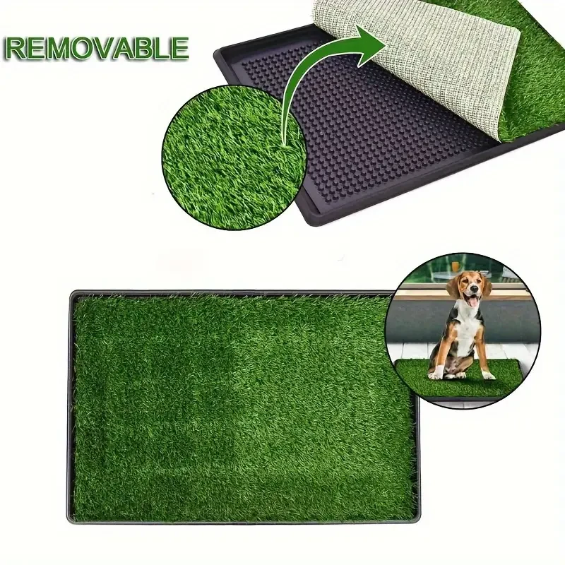 Leak-Proof Washable Dog Potty Tray with 3-Layer System - Indoor/ Outdoor Puppy Training Pad, Durable Plastic Litter Box (Includes 20X16 Inch Grass Mat) - Washable Dog Pee Pad Tray