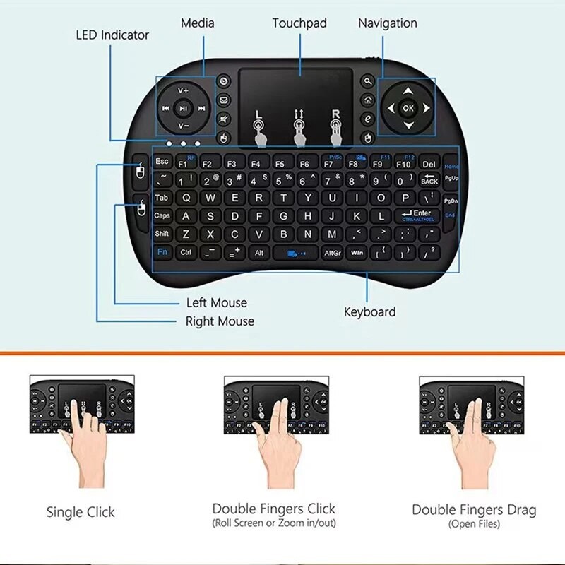 i8 Wireless Keyboard with Touchpad – 2.4GHz Mini English/Russian Keyboard & Aerial Mouse for Laptop, TV Box & Projector
